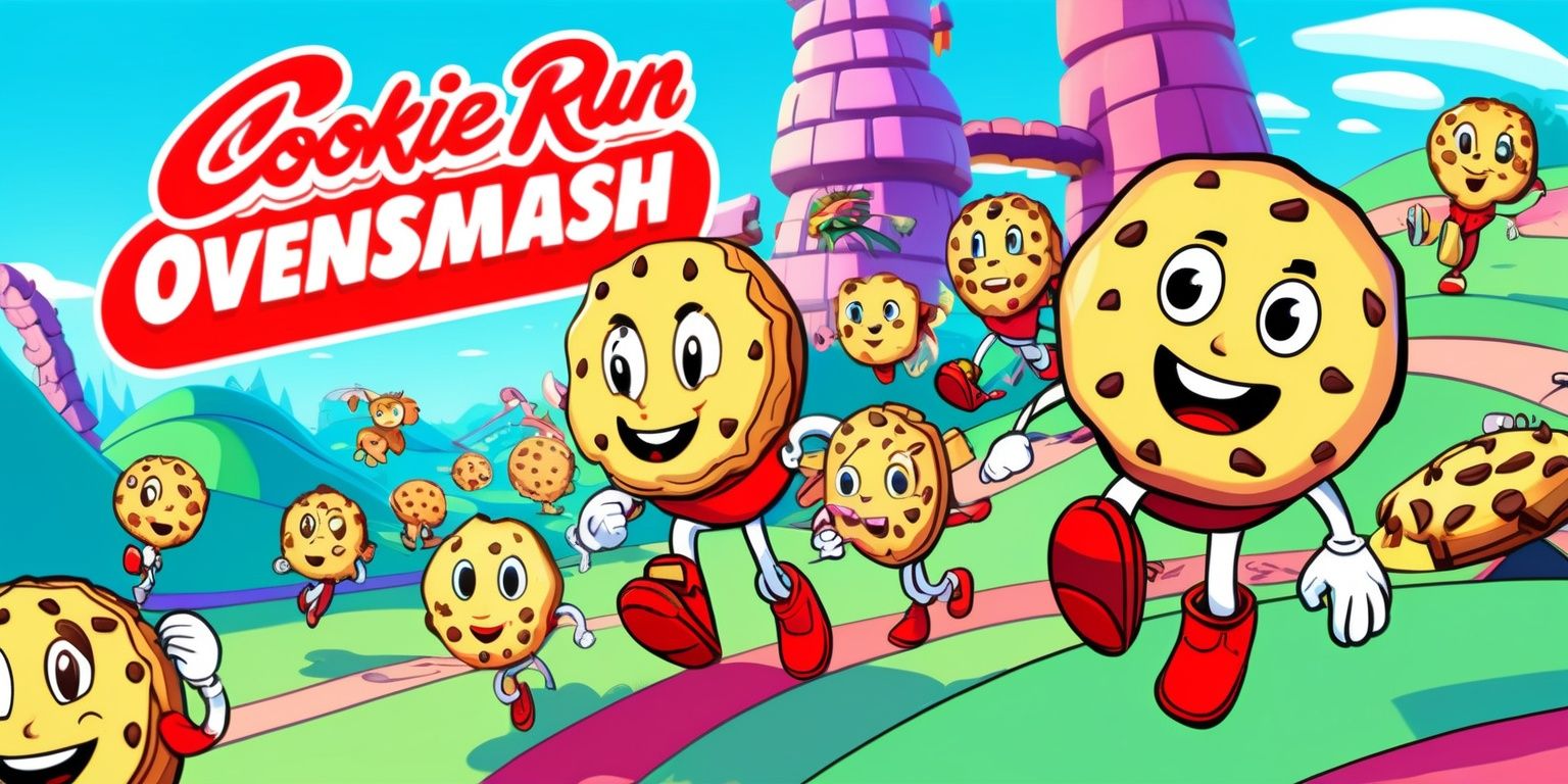 A vibrant and colorful digital illustration depicting the characters and scenery from the Cookie Run: OvenSmash game, with a dominant pastel color palette and bold lines, featuring a variety of cookie characters with distinct facial features and expressive personalities, set against a stylized background of a fantasy world with rolling hills and towering obstacles, with the characters positioned in dynamic poses and interactions, and incorporating the game's logo in a modern, curved font with bright, fire engine red color, placed prominently at the top of the image, with the overall composition showcasing a sense of energy, movement, and excitement.